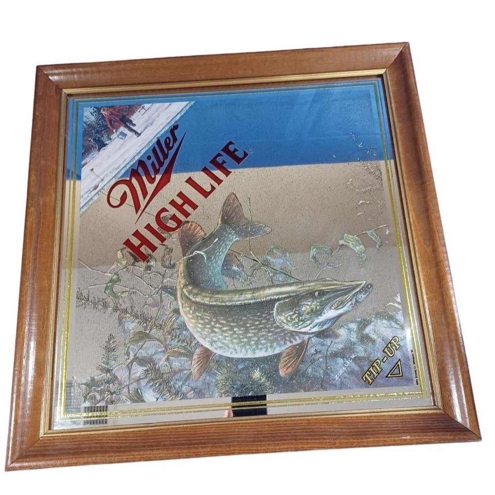 Miller High Life Beer Tip Up Northern Pike Mirror Scott Zoellick Signed Man Cave - Picture 5 of 6